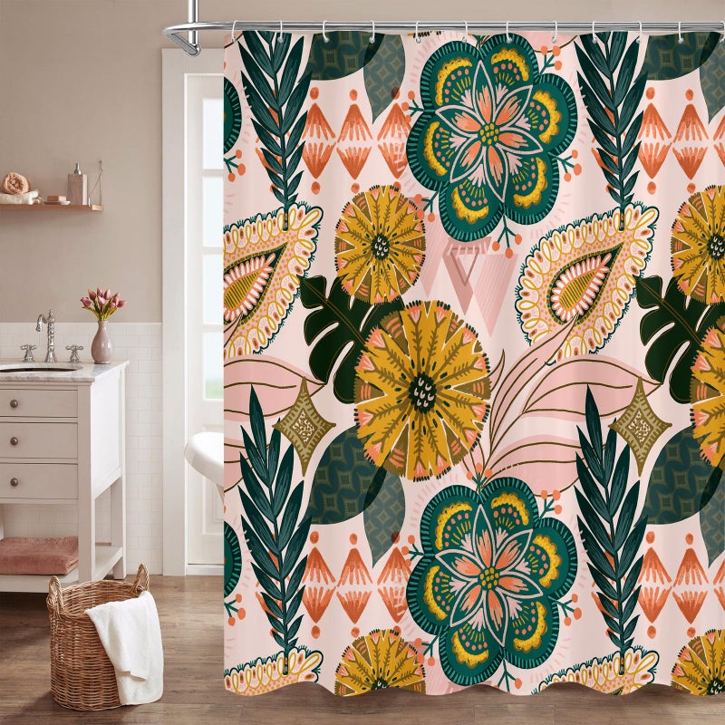 MitoVilla Boho Floral Shower Curtain Abstract Tropical Leaves Shower Curtains for Chic Elegant Bathroom Decor Vintage Fabric Cloth Shower Curtain Modern Colorful Flower 72x72