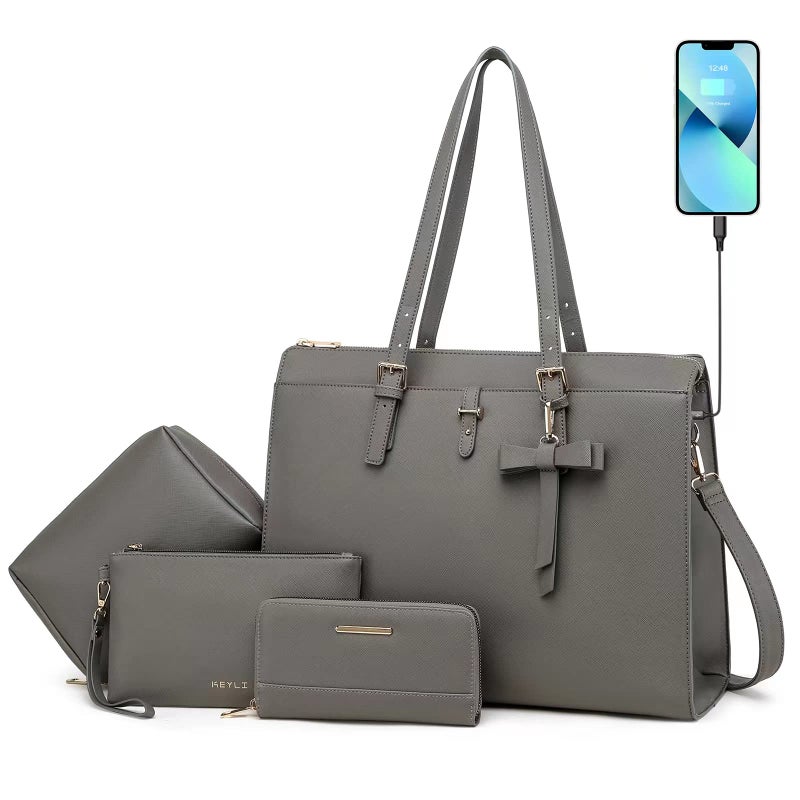 Keyli Laptop Bag for Women Large Tote Bag Waterproof Leather Work Laptop Briefcase with Builtin USB Charging Port Computer Shoulder Bags Fits 156 Inch Business Handbag Purse 4pcs Set Gray
