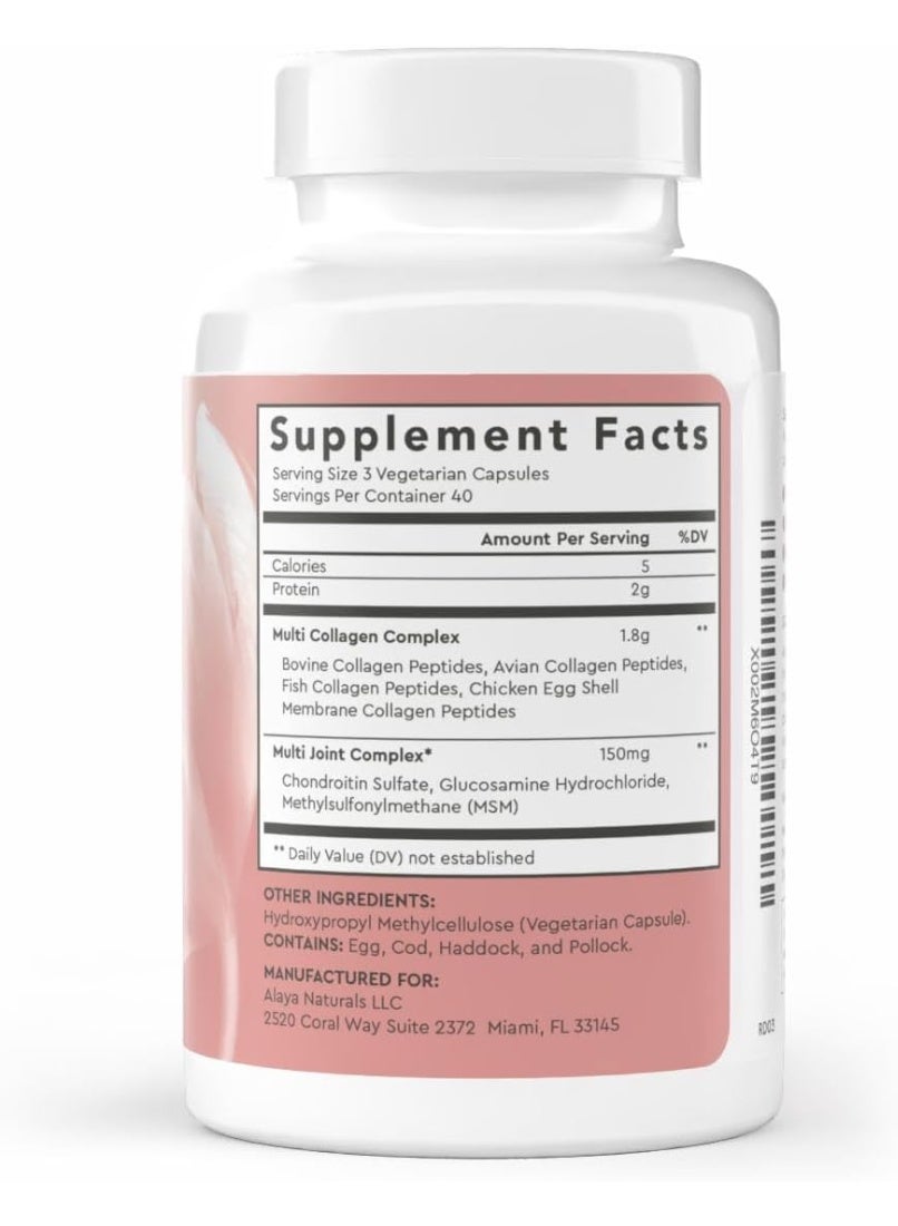 Alaya Multi Collagen Capsules – Type I, Ii, Iii, V & X With Msm, Glucosamine & Chondroitin, 120 Capsules