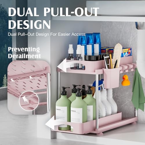 VERIFOST Under Sink Organizer, 2 Pack Kitchen and Bathroom Cabinet Organizer, 2 Tier Adjustable Height Storage, Pink - Image 3