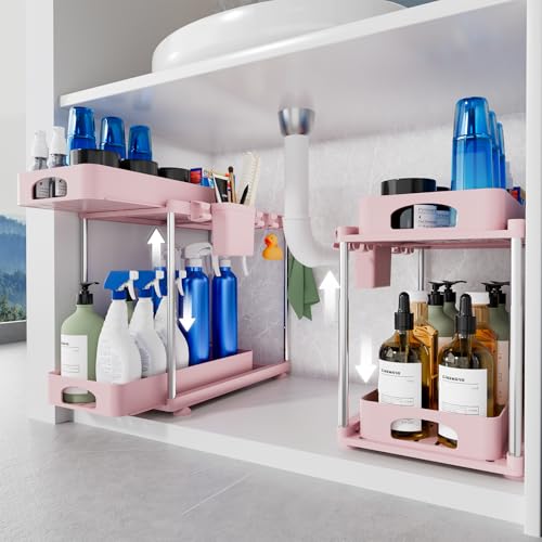 VERIFOST Under Sink Organizer, 2 Pack Kitchen and Bathroom Cabinet Organizer, 2 Tier Adjustable Height Storage, Pink - Image 1
