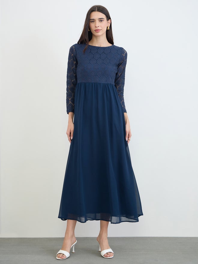 Styli Navy Blue Lace Sleeves A-Line Maxi Dress - Image 3