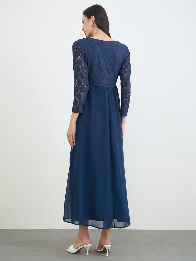 Styli Navy Blue Lace Sleeves A-Line Maxi Dress - Image 5