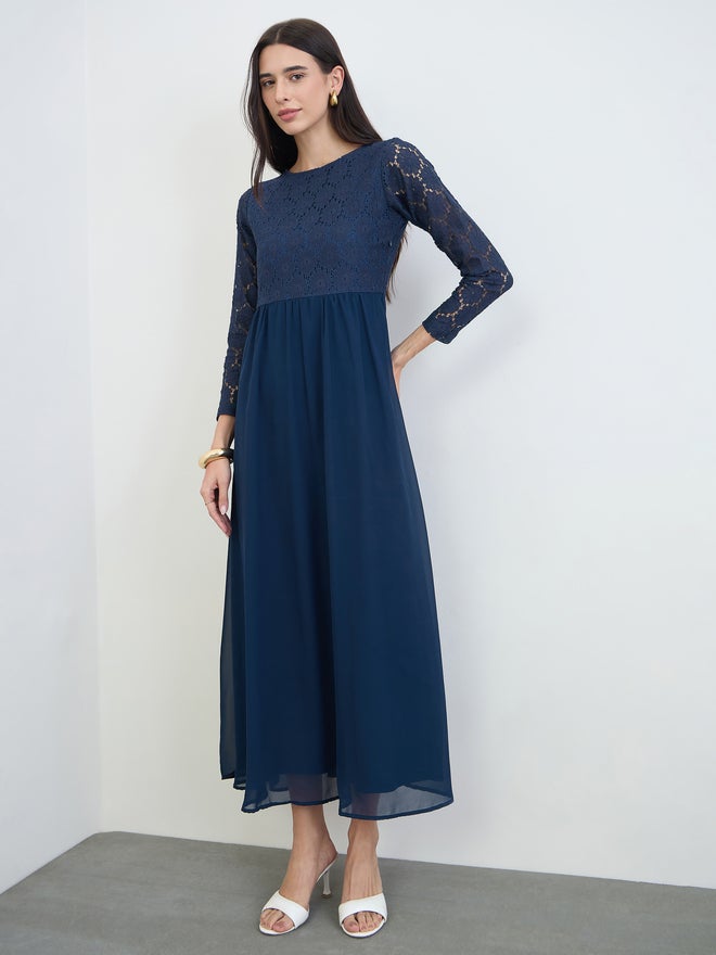 Styli Navy Blue Lace Sleeves A-Line Maxi Dress - Image 2