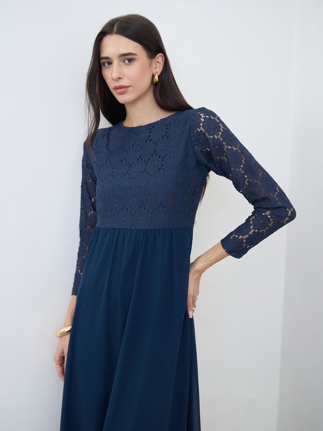 Styli Navy Blue Lace Sleeves A-Line Maxi Dress - Image 1