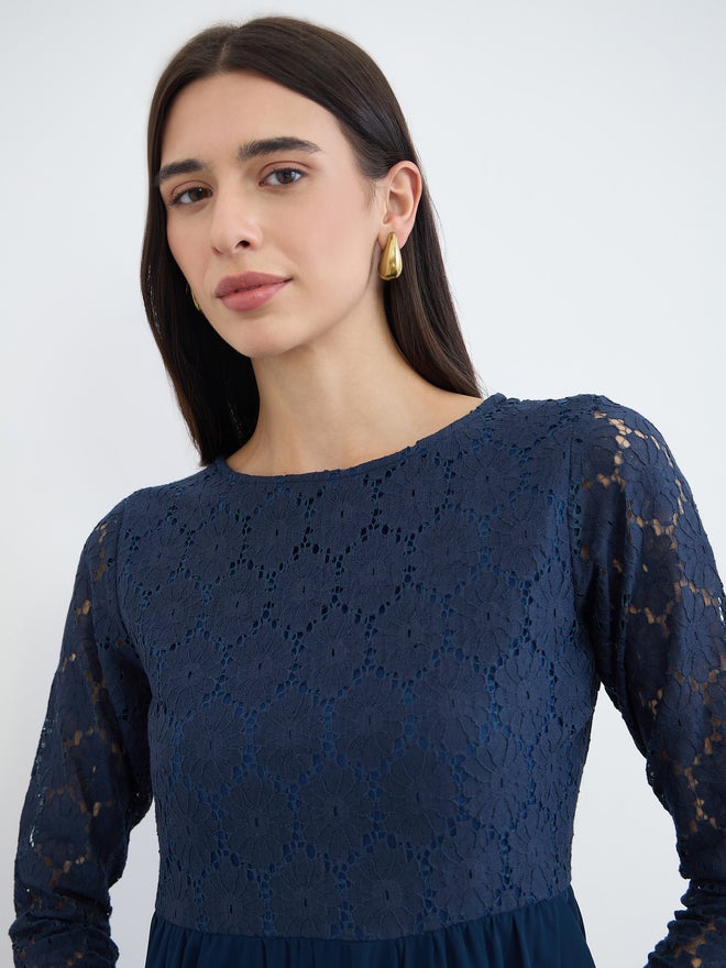 Styli Navy Blue Lace Sleeves A-Line Maxi Dress - Image 4