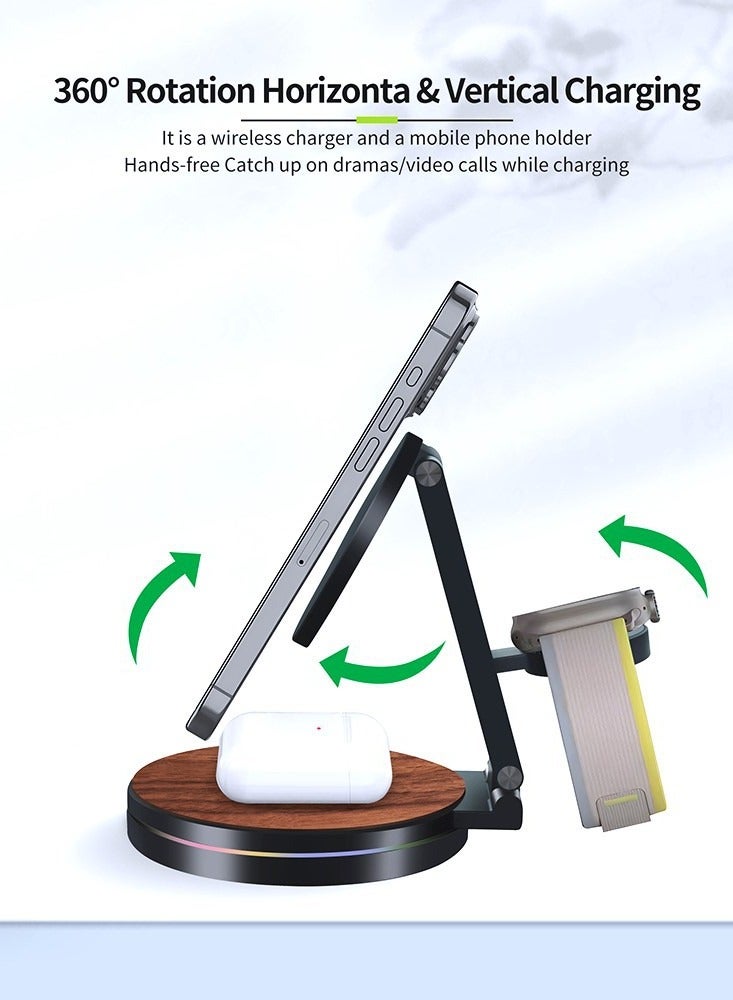 General New foldable 3 in 1 wireless charger metal rotating bracket 15W charger fast charging desktop wireless charger (black)  - Image 4