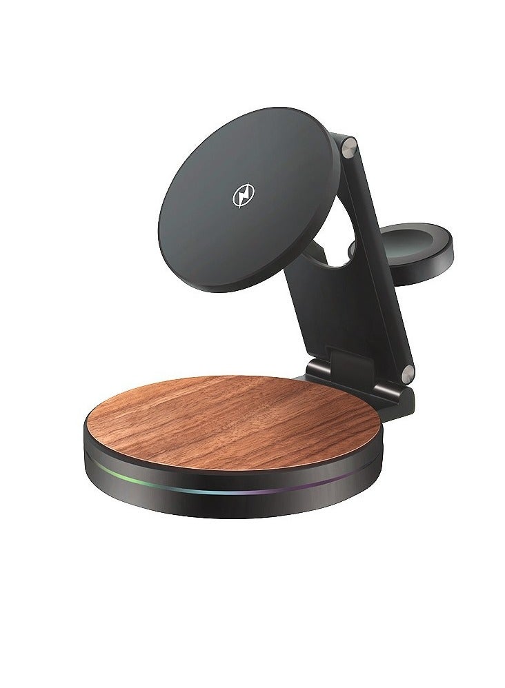 General New foldable 3 in 1 wireless charger metal rotating bracket 15W charger fast charging desktop wireless charger (black)  - Image 1