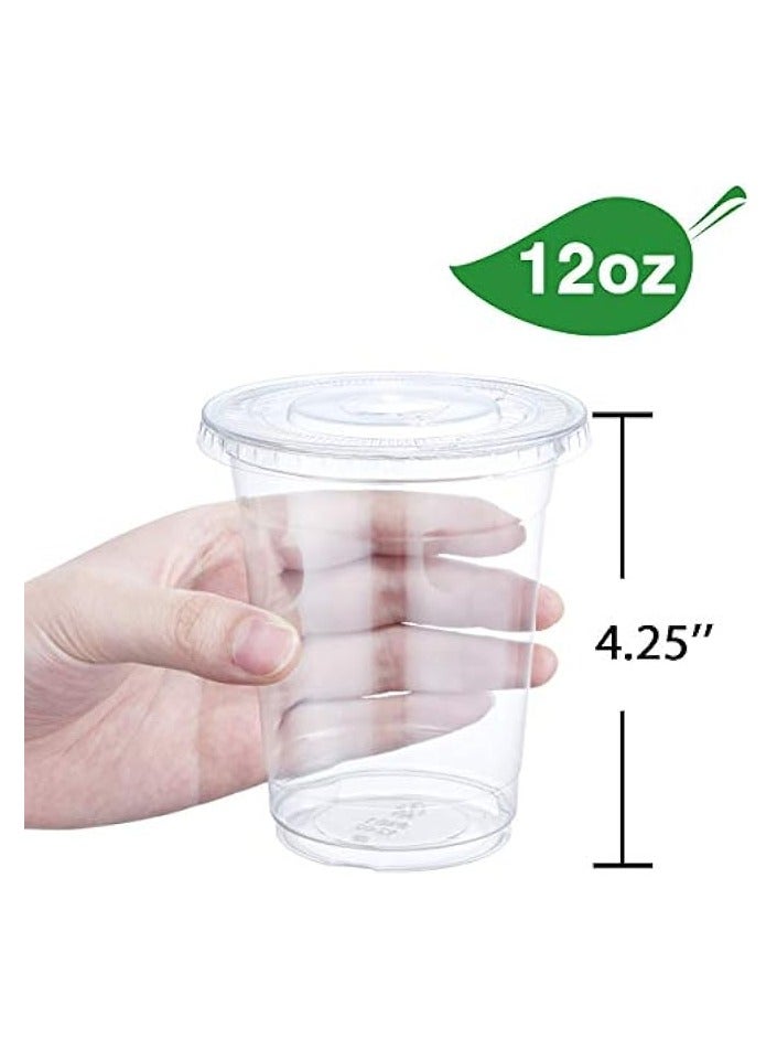 Green Tiger 12 oz Plastic Cups with Lids 100 Sets Clear Disposable Plastic Party Cups with Flat Lids to Go, Cold Drink Cups, Smoothie Cups, Milkshake Cups - Image 3