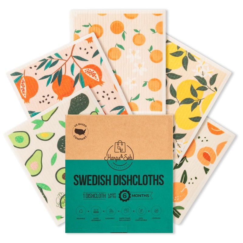 Harps&Seb Swedish Dishcloths for Kitchen Dish Towels - 5 Pack, Non-Scratch Reusable Paper Towels, Super Absorbent Washable Swedish Dish Cloths, No Odor, Biodegradable, Fruit Design - Image 1