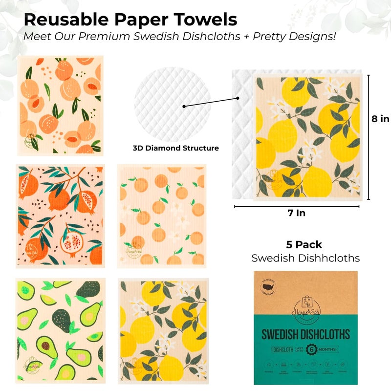 Harps&Seb Swedish Dishcloths for Kitchen Dish Towels - 5 Pack, Non-Scratch Reusable Paper Towels, Super Absorbent Washable Swedish Dish Cloths, No Odor, Biodegradable, Fruit Design - Image 2