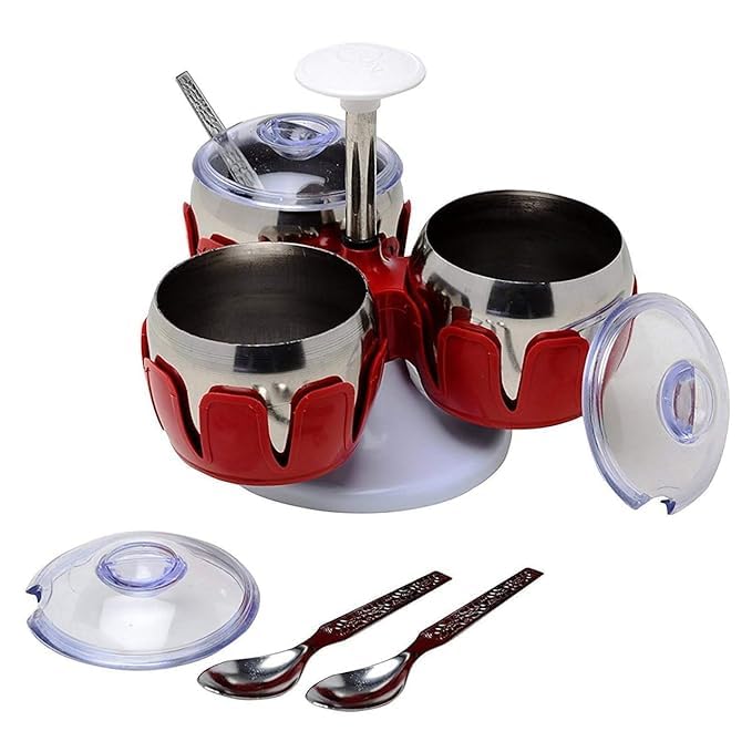 Shrux Pot of 3 Jars Stand and 3 Spoon Stainless Steel Pickle Stand for Dining TableRevolving Pickle Pot with Lids and SpoonsMultipurpose Ghee PotCondiment Dispenser for Dining Table - Image 3