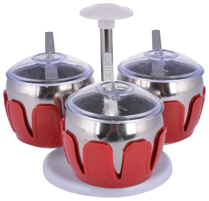 Shrux Pot of 3 Jars Stand and 3 Spoon Stainless Steel Pickle Stand for Dining TableRevolving Pickle Pot with Lids and SpoonsMultipurpose Ghee PotCondiment Dispenser for Dining Table - Image 1