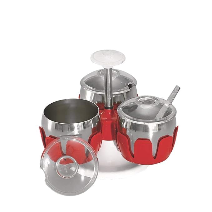 Shrux Pot of 3 Jars Stand and 3 Spoon Stainless Steel Pickle Stand for Dining TableRevolving Pickle Pot with Lids and SpoonsMultipurpose Ghee PotCondiment Dispenser for Dining Table - Image 2