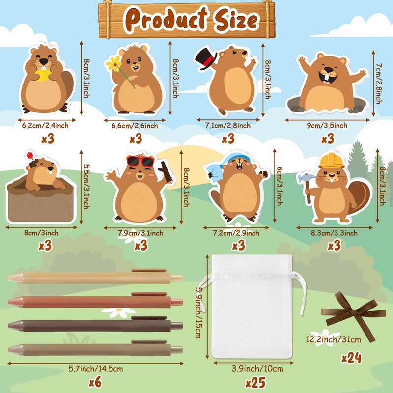 CJiangpo 24 Pack Groundhog Sticky Note with Pen Gift Set, Cute Cartoon Self Stick Notepad Funny Memo Pad Ballpoint Pens with Organza Bags, Groundhog Day Party Favor Gift for Kids Classroom Rewards - Image 2