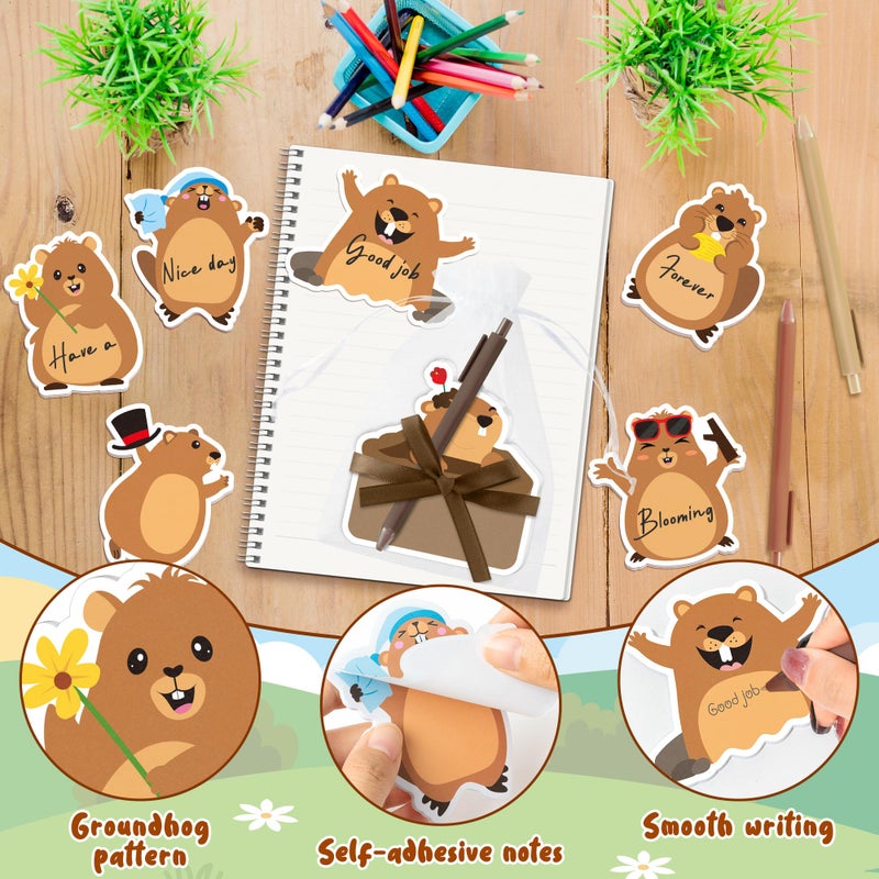 CJiangpo 24 Pack Groundhog Sticky Note with Pen Gift Set, Cute Cartoon Self Stick Notepad Funny Memo Pad Ballpoint Pens with Organza Bags, Groundhog Day Party Favor Gift for Kids Classroom Rewards - Image 3