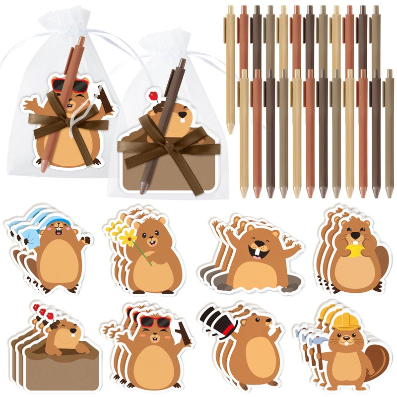 CJiangpo 24 Pack Groundhog Sticky Note with Pen Gift Set, Cute Cartoon Self Stick Notepad Funny Memo Pad Ballpoint Pens with Organza Bags, Groundhog Day Party Favor Gift for Kids Classroom Rewards - Image 1
