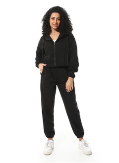 Elastic Waist Hooded Fleeced Tracksuit_Black