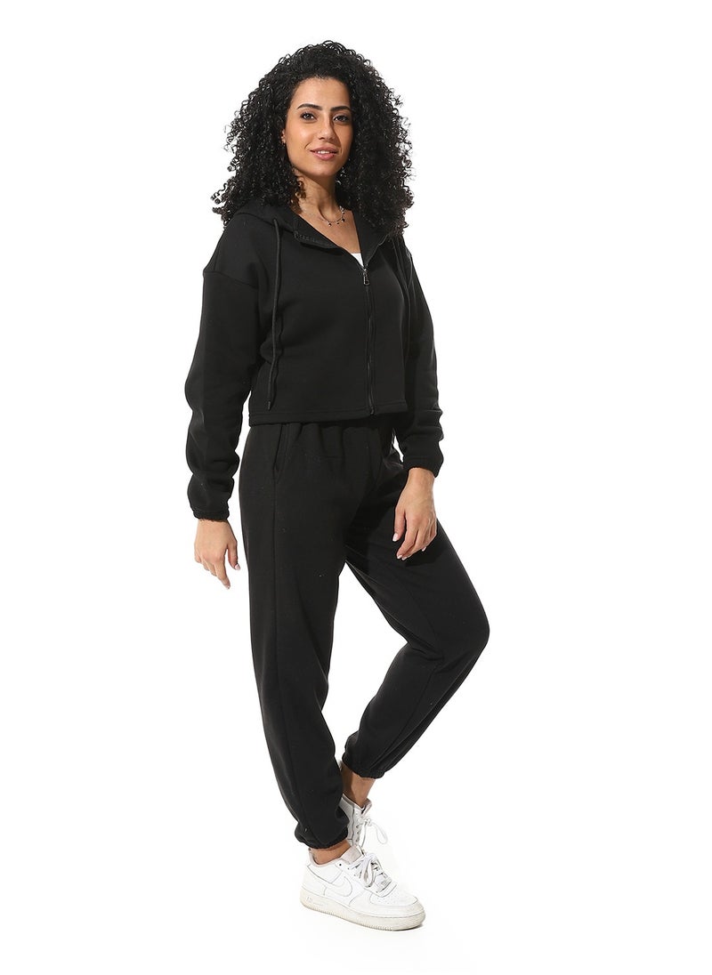 Andora - Elastic Waist Hooded Fleeced Tracksuit_Black - Image 1