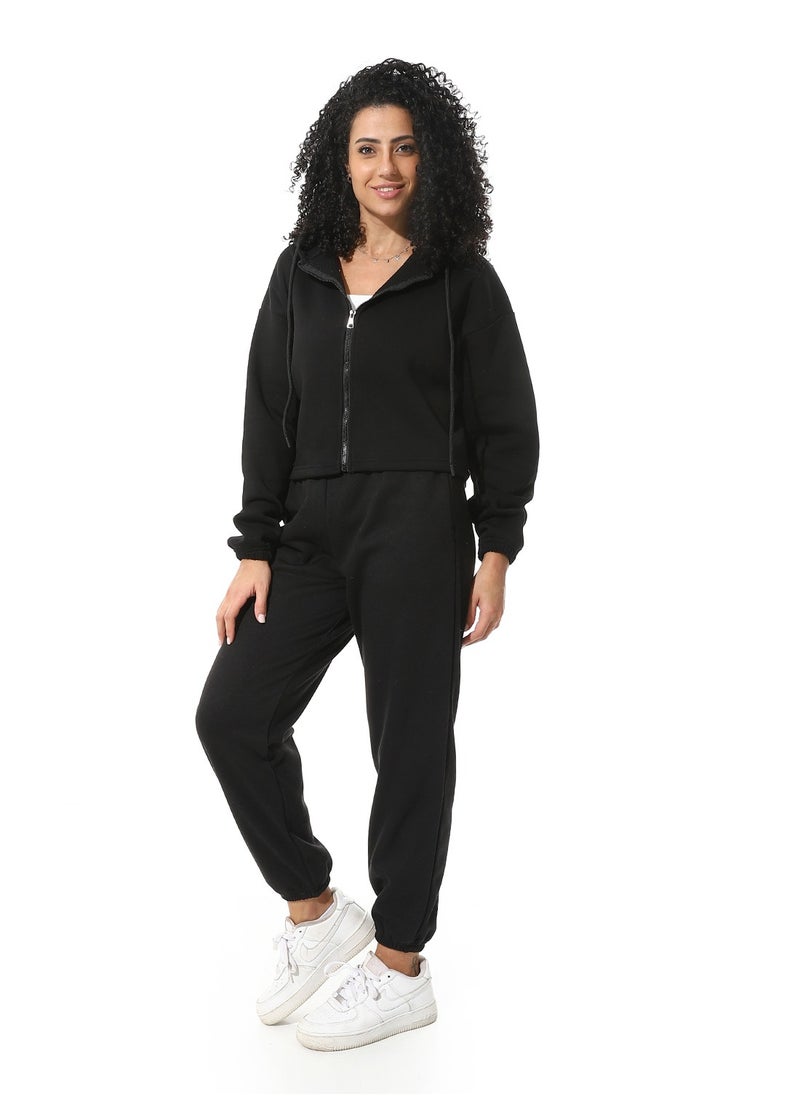 Andora - Elastic Waist Hooded Fleeced Tracksuit_Black - Image 1