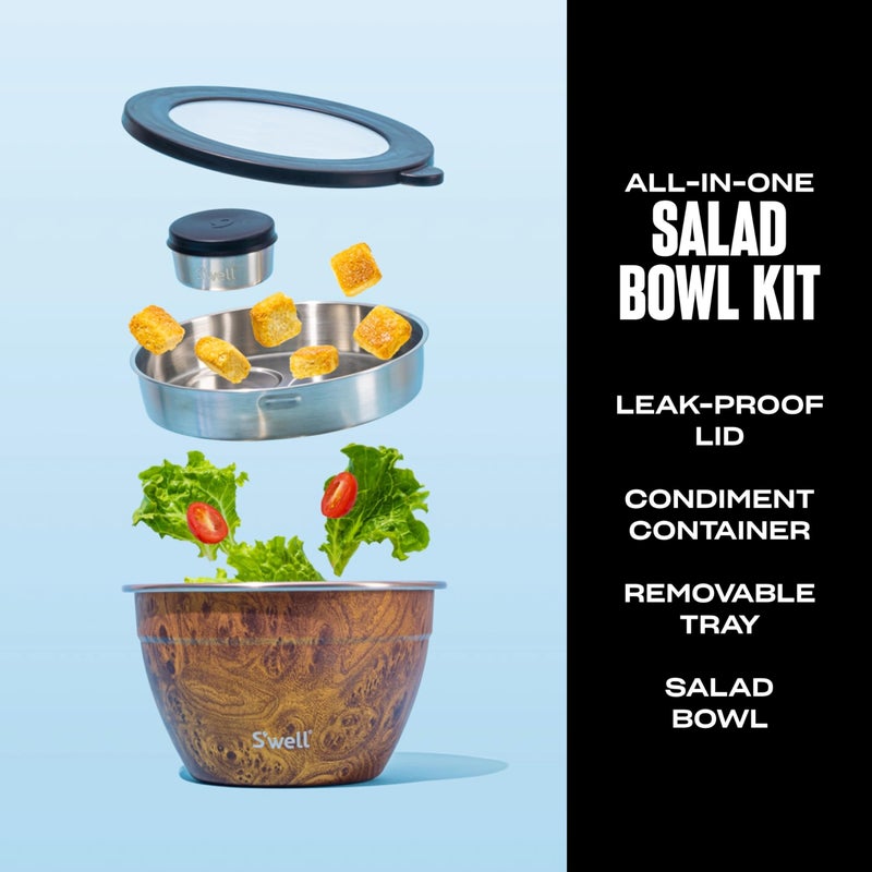 S'well Sâ€™well Stainless Steel 64oz Salad Bowl Kit, Teakwood Finish, Includes 2oz Condiment Container and Removable Tray, Leak-Proof and Easy to Clean, Dishwasher Safe - Image 2