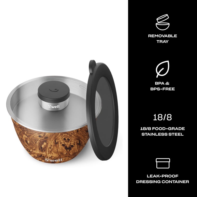 S'well Sâ€™well Stainless Steel 64oz Salad Bowl Kit, Teakwood Finish, Includes 2oz Condiment Container and Removable Tray, Leak-Proof and Easy to Clean, Dishwasher Safe - Image 3
