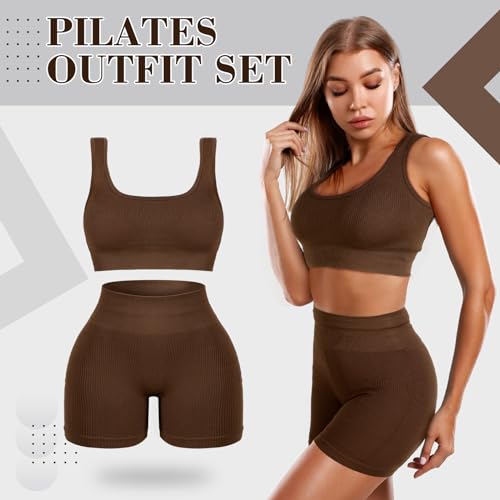 Floraltop طقم تمارين نسائي مكون من 4 قطع - طقم ملابس رياضية لليوغا والبيلاتس - حمالة صدر رياضية بياقة دائرية - شورتات - ليجنغز (بني، كبير) - Image 2