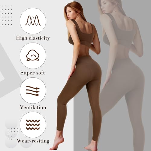 Floraltop طقم تمارين نسائي مكون من 4 قطع - طقم ملابس رياضية لليوغا والبيلاتس - حمالة صدر رياضية بياقة دائرية - شورتات - ليجنغز (بني، كبير) - Image 3