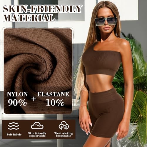 Floraltop طقم تمارين نسائي مكون من 4 قطع - طقم ملابس رياضية لليوغا والبيلاتس - حمالة صدر رياضية بياقة دائرية - شورتات - ليجنغز (بني، كبير) - Image 5