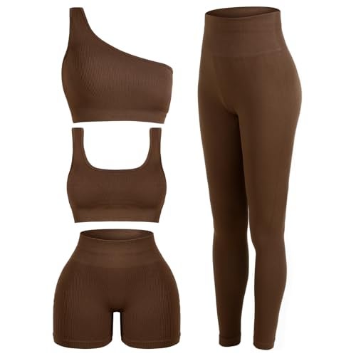 Floraltop طقم تمارين نسائي مكون من 4 قطع - طقم ملابس رياضية لليوغا والبيلاتس - حمالة صدر رياضية بياقة دائرية - شورتات - ليجنغز (بني، كبير) - Image 1