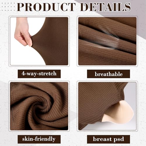 Floraltop طقم تمارين نسائي مكون من 4 قطع - طقم ملابس رياضية لليوغا والبيلاتس - حمالة صدر رياضية بياقة دائرية - شورتات - ليجنغز (بني، كبير) - Image 4