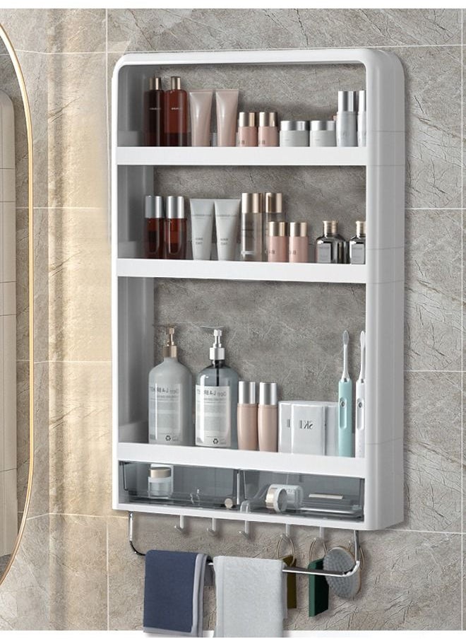 XiuWoo - 3-Tier Wall Mounted Bathroom Rack With Drawer Wall Hanger Bath Organizer With Hooks and Towel Bar - Image 1