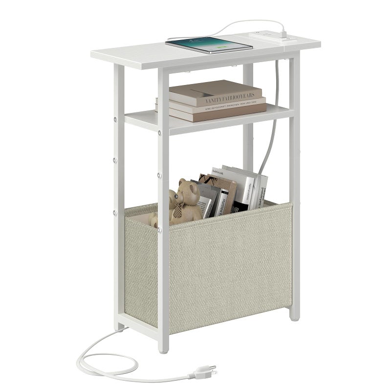 sthmec Narrow Side Table with Charging Station Small End Table for Small Spaces Skinny Nightstands with Storage Basket 3 Tier Sofa Couch Bedside Tables for Living RoomBedroom White