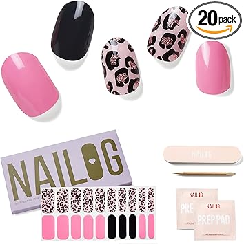 NAILOG Semi Cured Gel Nail Strips Extra Long Nail Polish Strips 20 Pieces Long Lasting Semi Cured Nail Stickers with Soft Glossy Gel Finish Pink Leopard - Image 1
