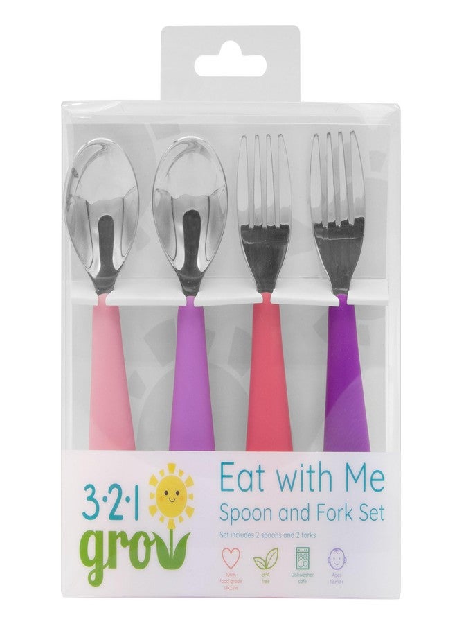 321 Grow Eat with Me Spoon and Fork Set – Toddler Utensils with Easy-Grip Silicone Handles – Kid-Sized & Safe Stainless Silverware – Promotes Independent Eating – Dishwasher Safe (Grape) - Image 1