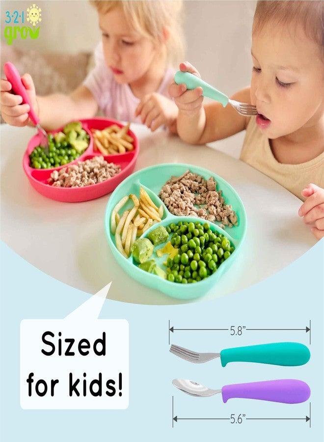 321 Grow Eat with Me Spoon and Fork Set – Toddler Utensils with Easy-Grip Silicone Handles – Kid-Sized & Safe Stainless Silverware – Promotes Independent Eating – Dishwasher Safe (Grape) - Image 2