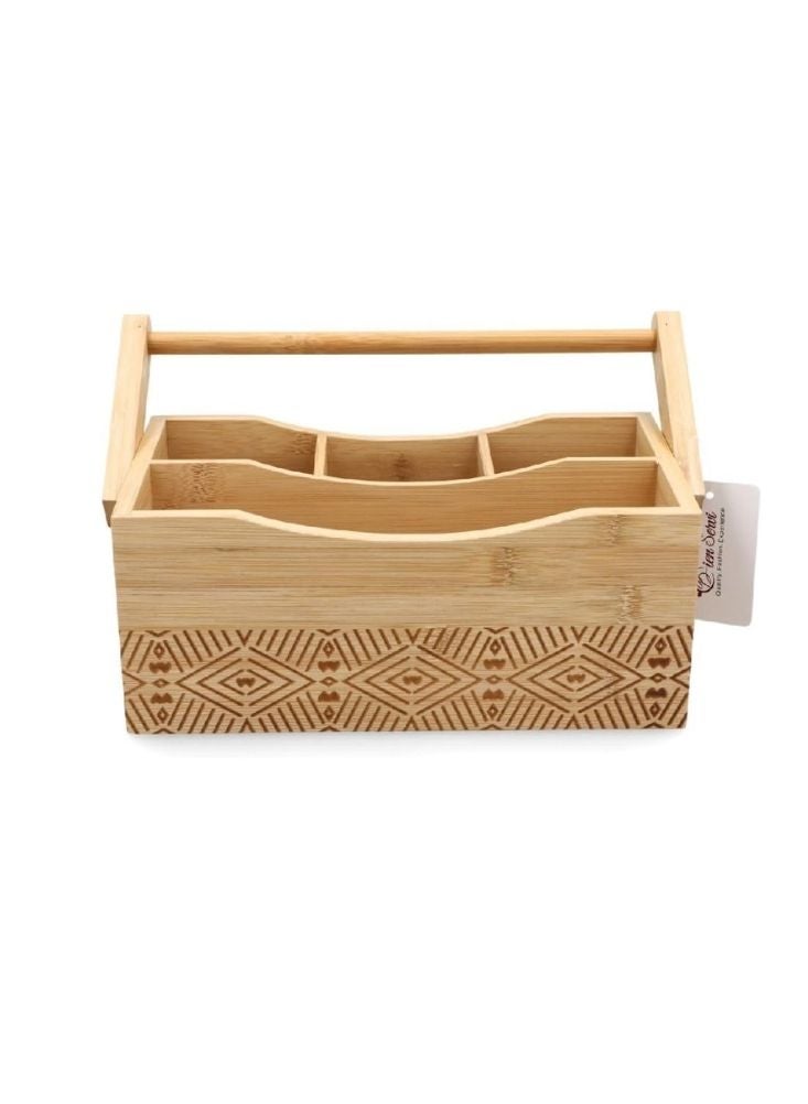 Bamboo Utensil Caddy with Handle – Etched Geometric Pattern - Image 1
