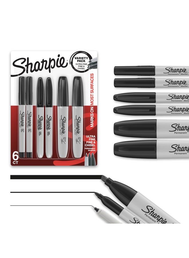 Evarne Sharpie Permanent Markers Variety Pack, Featuring Ultra-Fine, Chisel Tip, And Fine Tip Marker Set, Writing And Poster Markers, Black, 6 Count - Image 1