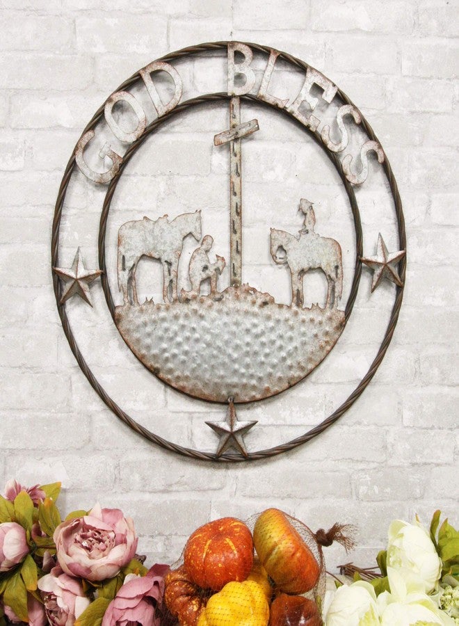 Ebros Gift Oversized 24" Wide Vintage Rustic Round Sign Braided Rope Galvanized Metal Circle Wall Decor 3D Art Decorative Greeting Plaque Western Country Ranch Home (Praying Cowboys God Bless) - Image 2
