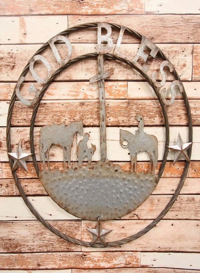 Ebros Gift Oversized 24" Wide Vintage Rustic Round Sign Braided Rope Galvanized Metal Circle Wall Decor 3D Art Decorative Greeting Plaque Western Country Ranch Home (Praying Cowboys God Bless) - Image 3