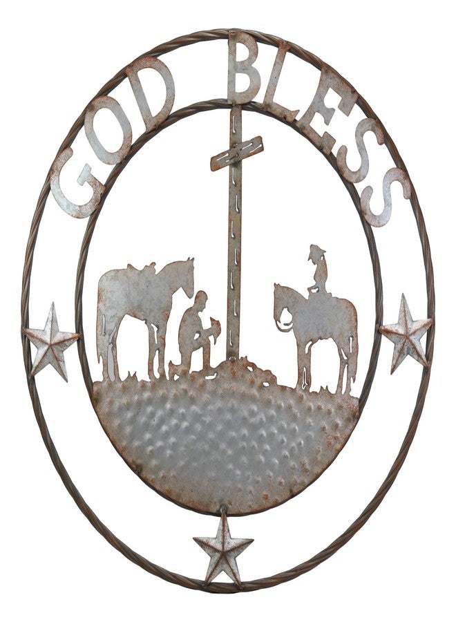 Ebros Gift Oversized 24" Wide Vintage Rustic Round Sign Braided Rope Galvanized Metal Circle Wall Decor 3D Art Decorative Greeting Plaque Western Country Ranch Home (Praying Cowboys God Bless) - Image 1