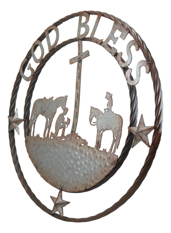 Ebros Gift Oversized 24" Wide Vintage Rustic Round Sign Braided Rope Galvanized Metal Circle Wall Decor 3D Art Decorative Greeting Plaque Western Country Ranch Home (Praying Cowboys God Bless) - Image 4