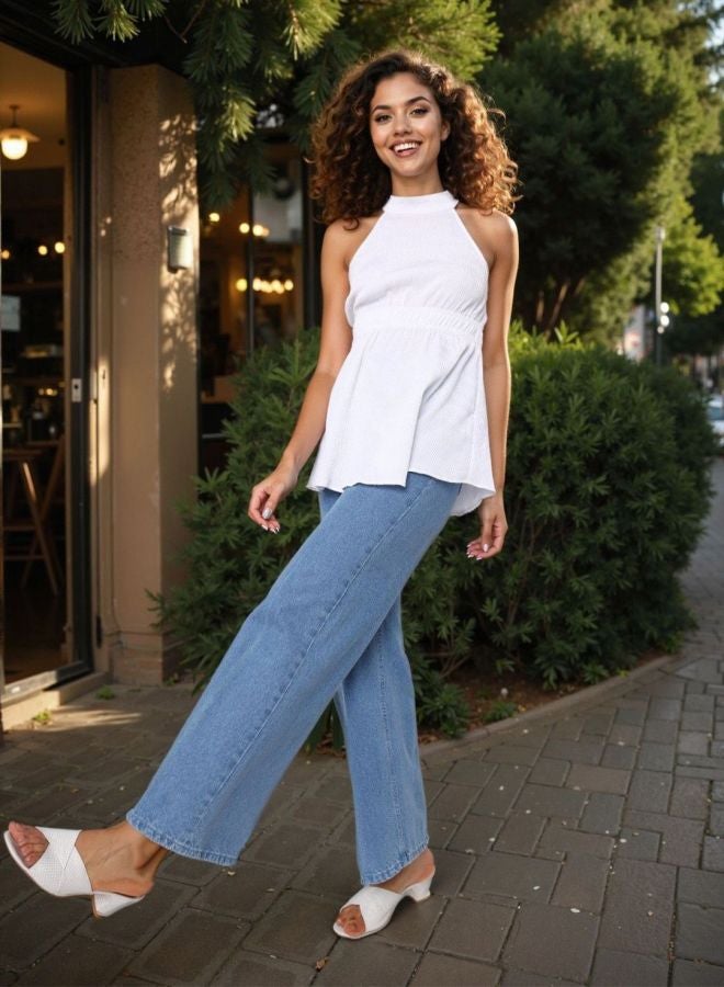 Freehand Women Fit and Flared Textured Halter Neck Sleeveless Peplum Top - Image 1