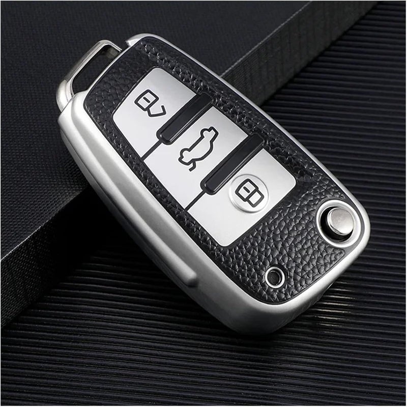 Leather Car Key Fob Cover for fit for A3 A4 A6 Q3 Q7 TT - & Stylish(Silver) - Image 2