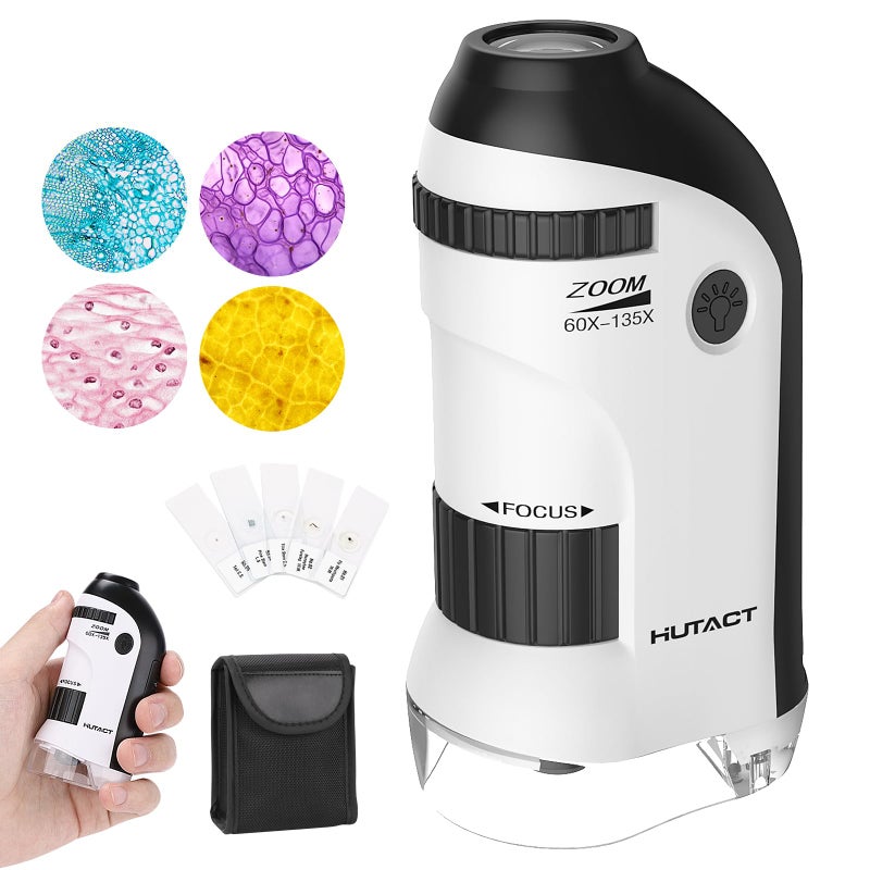 HUTACT HUTACT 60X-135X Pocket Microscope, Portable Mini Microscope, Bright Vision, Easy Focus with Slides, Handheld Microscope for Children and Adults  - Image 1