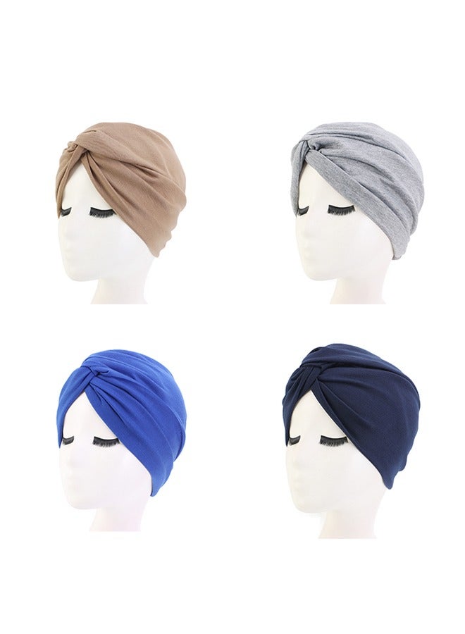 4PCS Women's Stretchy Turban Cap, Chemotherapy Cap, Women's Turbans, Women's Hijab, Twist Cross Cap for Women(Blue, Dark Blue, Camel, Grey) - Image 4