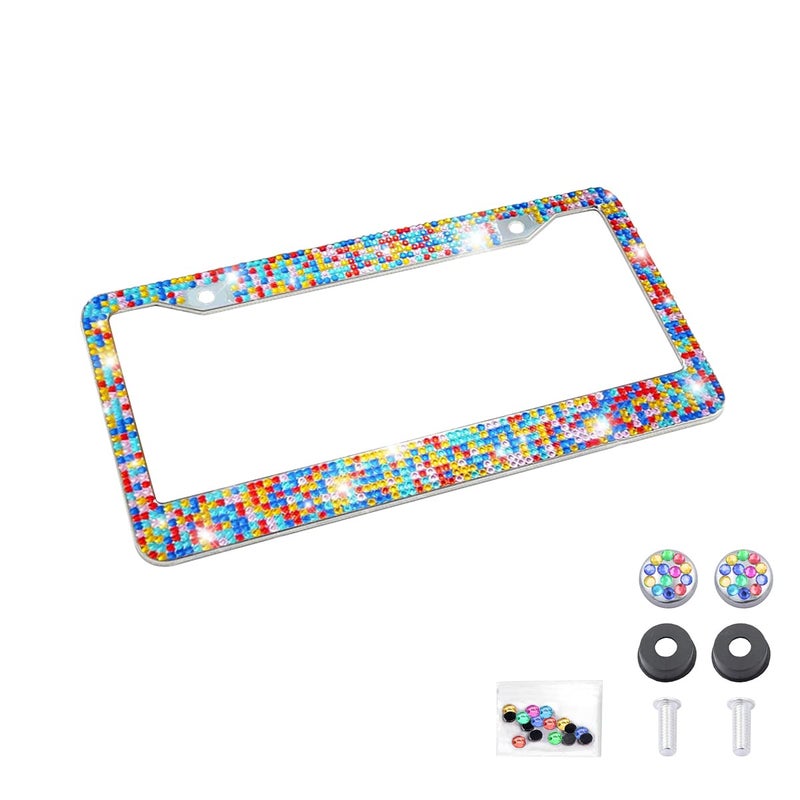 Bling Car License Plate Frame Sparkly Rhinestone Stainless Steel License Plate CoverHolder Universal for Most Cars SUVs Vehicles with Screw Set Auto Accessories for Women Multicolor