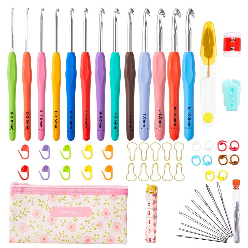 INSCRAFT 67 Pack Crochet Hooks Set 13 PCS 2mmB10mmN Ergonomic Soft Grip Crochet Handles Yarn Knitting Needles Kit with Case for Arthritic Hand Crochet Starter Kit for Beginners and Lovers
