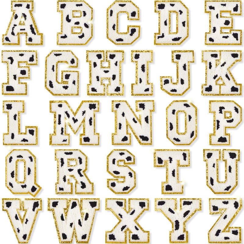 Mtlee 26 Pieces Chenille Letter Patches Iron On Letters Patch Letter Patches Glitter Chenille Patches AZ Patch Embroidered Patch Gold Border Sew On Patches for Clothing Hat Shirt Bag Cow Color
