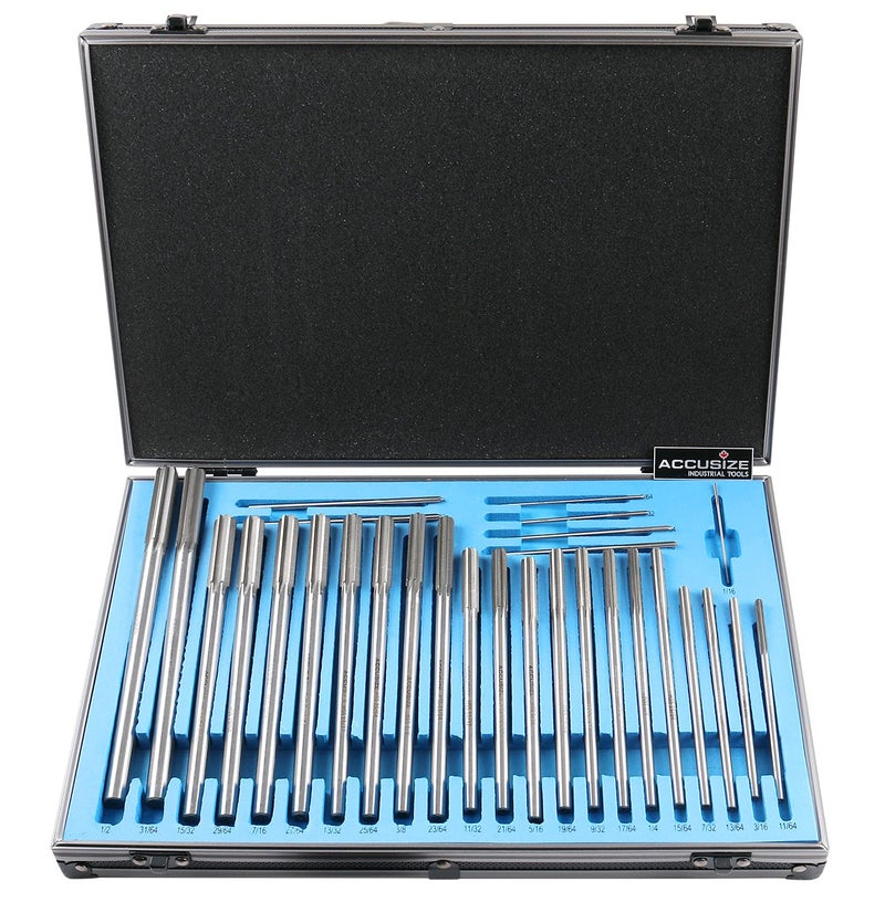 Accusize Industrial Tools 29 Pc Set 116 to 12 inch by 164 in HSS M2 Premium Chucking Reamers Straight Flute Aluminum Case 5528SF00